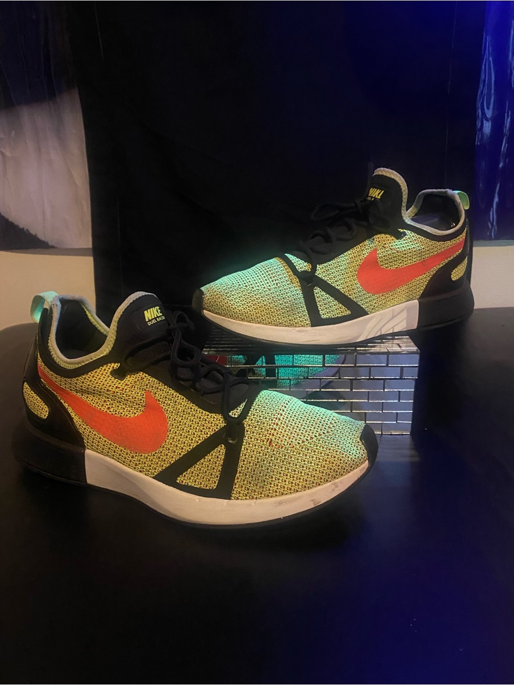 Nike Yellow Knit Sneakers with Orange Swoosh and Black Trim
